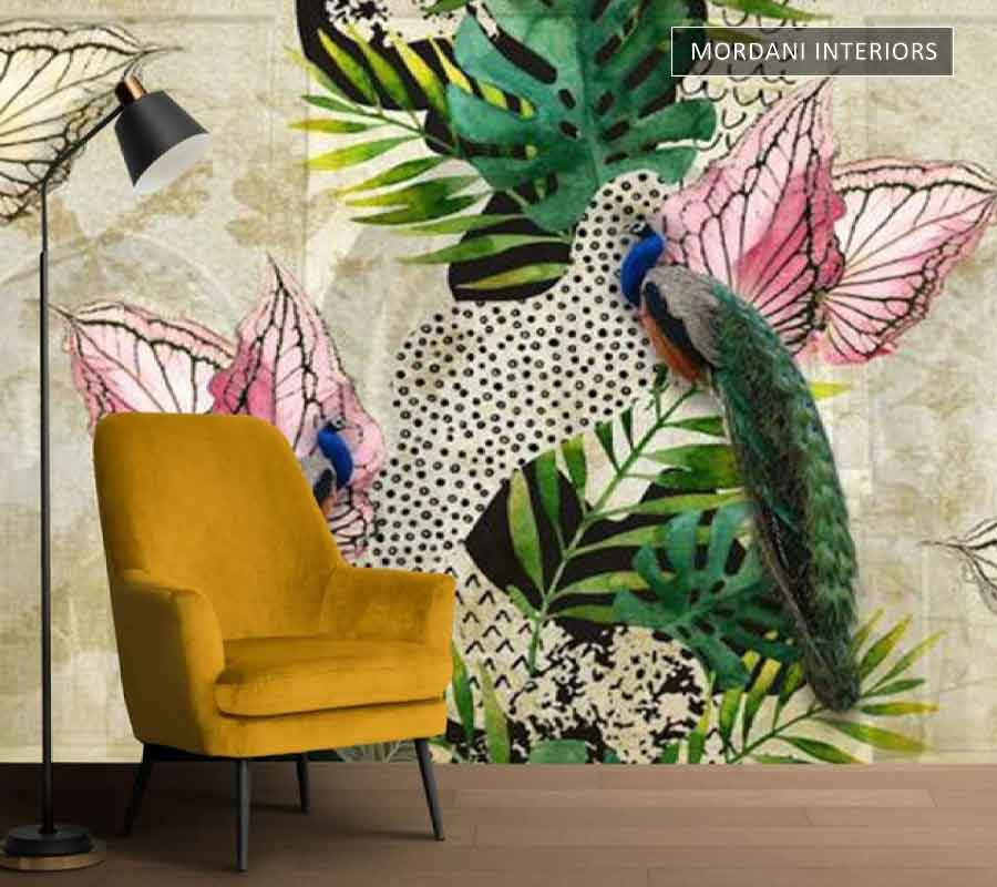 BUTTERFLY & PEACOCK LEAFS TROPICAL WALL MURALS _ I 
